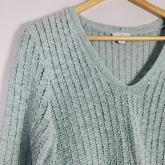 J. Jill Women's Textured Blue 3/4 Sleeve Open-Stitch V Neck Sweater Sz L Petite - Picture 2 of 14